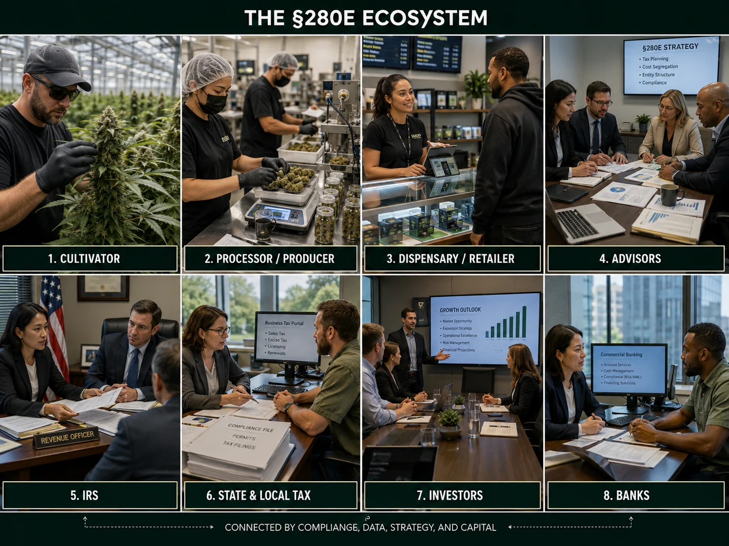 The §280E ecosystem — cultivator, processor, retailer, advisors, the IRS, state and local tax, investors and banks
