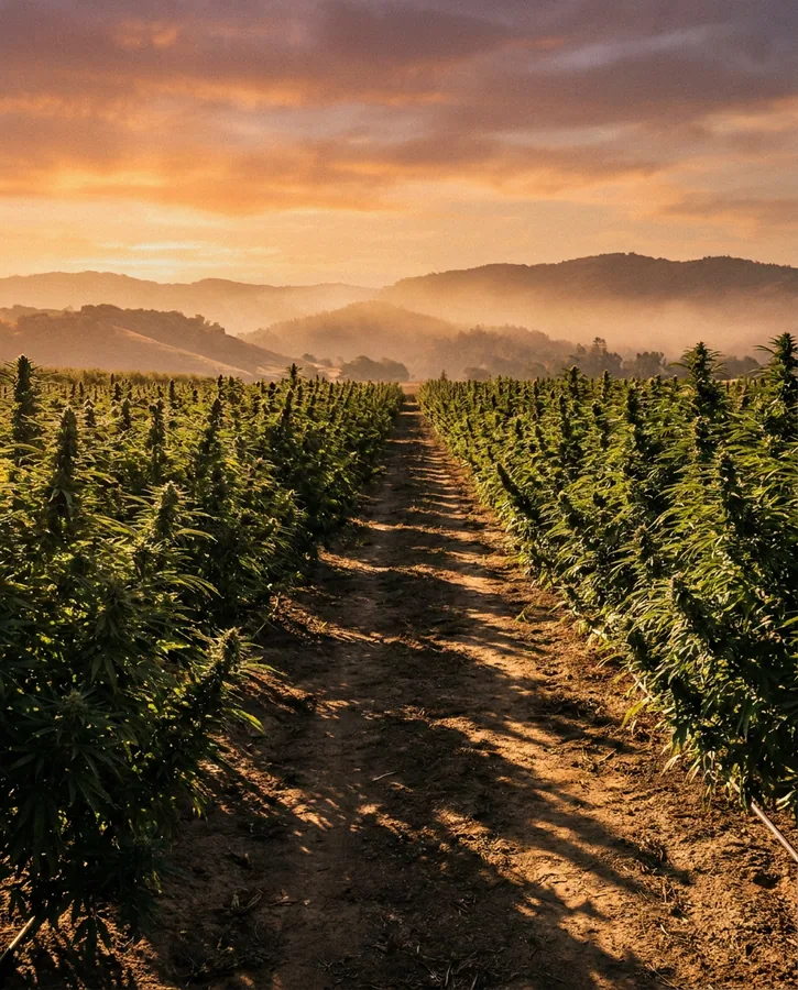 Sun-grown cannabis farm at golden hour